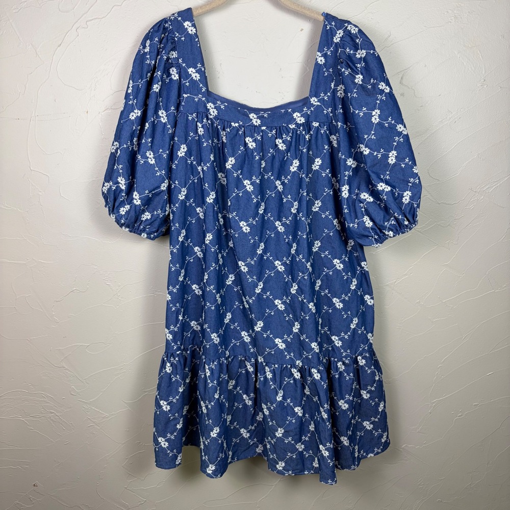 NWT She + Sky Cottage Floral Dress Large Blue Cotton Puff‎ Sleeve Square Prairie